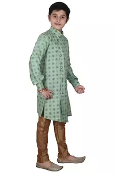 Light Green Floral Design Silk  Boys Kurta Pajama Set