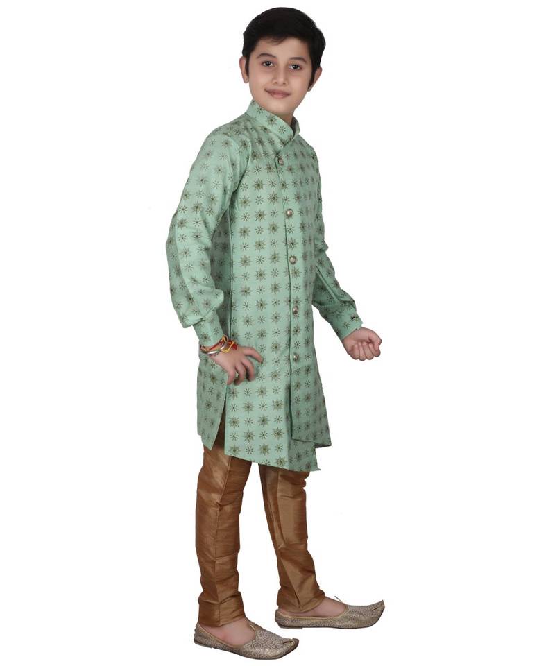 Light Green Floral Design Silk  Boys Kurta Pajama Set
