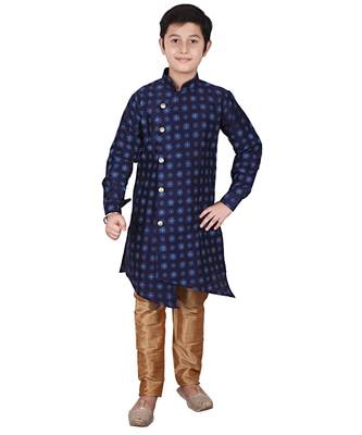 Navy Blue Floral Design Silk  Boys Kurta Pajama Set 1