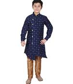 Navy Blue Floral Design Silk  Boys Kurta Pajama Set