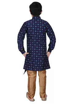 Navy Blue Floral Design Silk  Boys Kurta Pajama Set