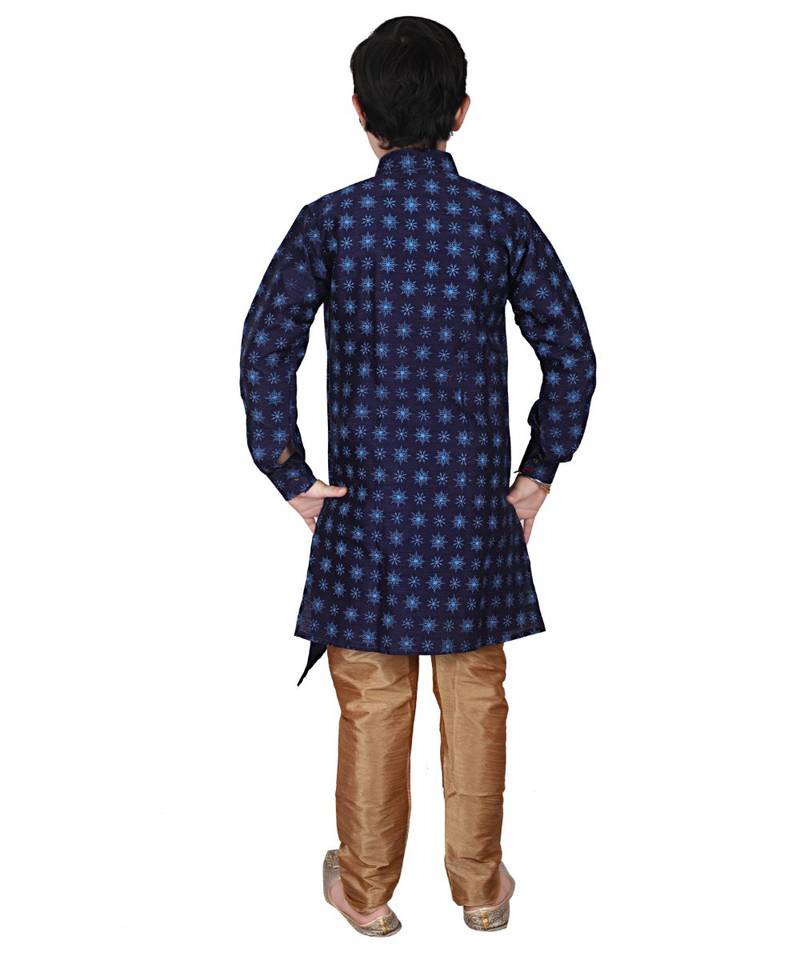 Navy Blue Floral Design Silk  Boys Kurta Pajama Set