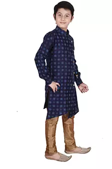 Navy Blue Floral Design Silk  Boys Kurta Pajama Set
