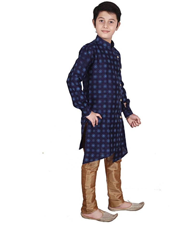 Navy Blue Floral Design Silk  Boys Kurta Pajama Set