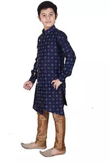 Navy Blue Floral Design Silk  Boys Kurta Pajama Set