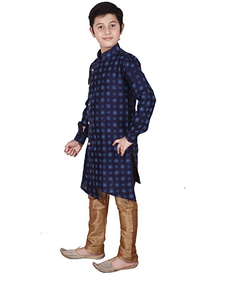 Navy Blue Floral Design Silk  Boys Kurta Pajama Set
