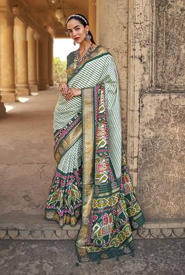   dark green printed silk saree with blouse 1