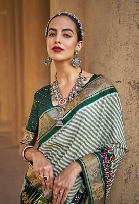   dark green printed silk saree with blouse 2