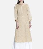 Hand Embroidered Beige Cotton Chikankari-Kurtis