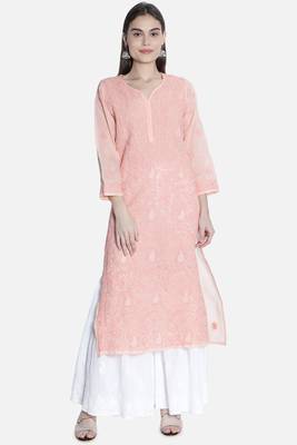 Seva Chikan Hand Embroidered Peach Cotton Lucknowi Chikankari Kurti 1