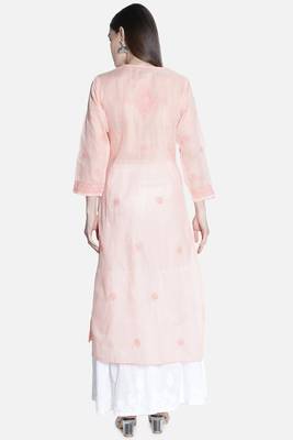 Seva Chikan Hand Embroidered Peach Cotton Lucknowi Chikankari Kurti 2