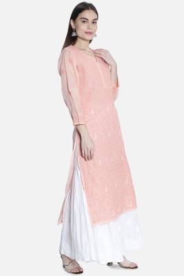 Seva Chikan Hand Embroidered Peach Cotton Lucknowi Chikankari Kurti 3
