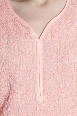 Seva Chikan Hand Embroidered Peach Cotton Lucknowi Chikankari Kurti 4