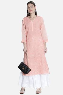Seva Chikan Hand Embroidered Peach Cotton Lucknowi Chikankari Kurti 5