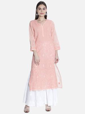 Hand Embroidered Peach Cotton Chikankari-Kurtis 1