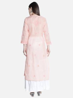 Hand Embroidered Peach Cotton Chikankari-Kurtis 2