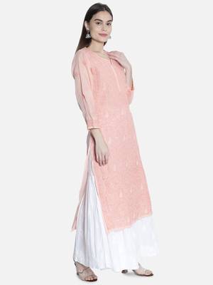 Hand Embroidered Peach Cotton Chikankari-Kurtis 3