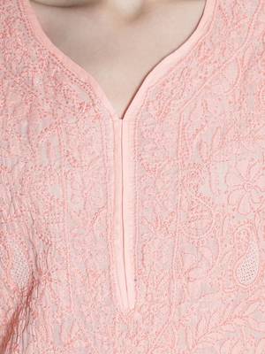 Hand Embroidered Peach Cotton Chikankari-Kurtis 4