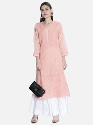 Hand Embroidered Peach Cotton Chikankari-Kurtis 5