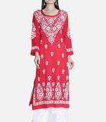 Hand Embroidered Red Cotton Chikankari-Kurtis