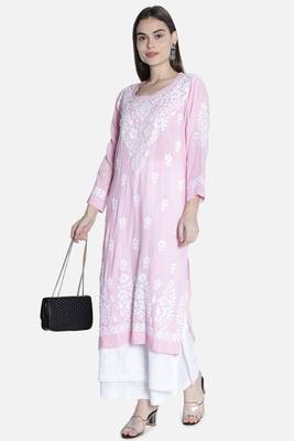 Hand Embroidered Pink  Cotton Chikankari-Kurtis 5
