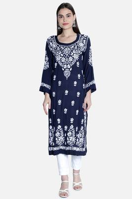 Hand Embroidered Navy-Blue Cotton Chikankari-Kurtis 1