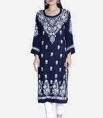 Hand Embroidered Navy-Blue Cotton Chikankari-Kurtis