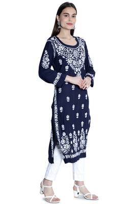 Hand Embroidered Navy-Blue Cotton Chikankari-Kurtis 3