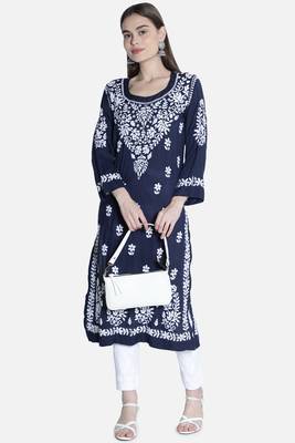 Hand Embroidered Navy-Blue Cotton Chikankari-Kurtis 5