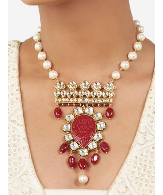 Multi-Color Shell Pearl Necklace  with Hydro Polkis, Red Onyx Carvings and Drops 1