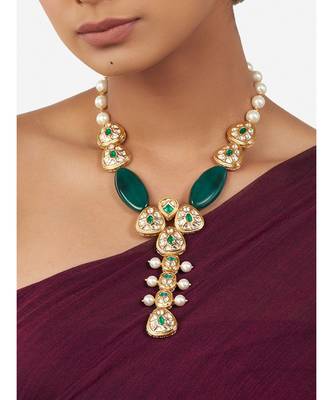Multi-Color Shell Pearl Necklace  with Green Agate Beads and Hydro Polkis 1