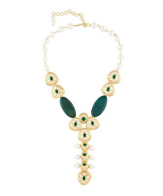 Multi-Color Shell Pearl Necklace  with Green Agate Beads and Hydro Polkis 2