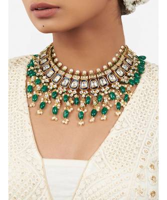 Gold Shell Pearl Necklace  with Hydro Polkis and Green Onyx Beads 1