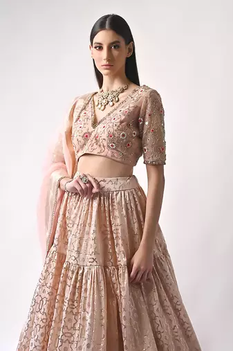 Peach Hand Embroidered Lehenga Set