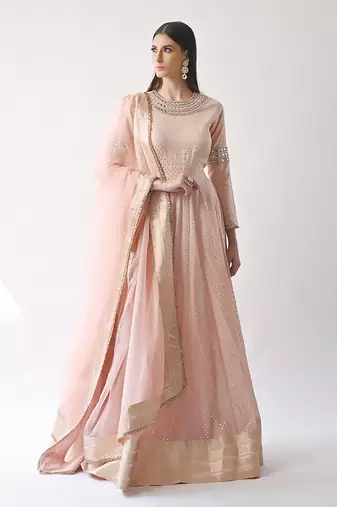 Peach Hand Embroidered Kalidar Anarkali Set