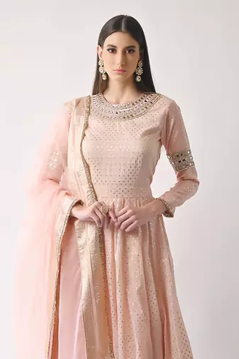 Peach Hand Embroidered Kalidar Anarkali Set
