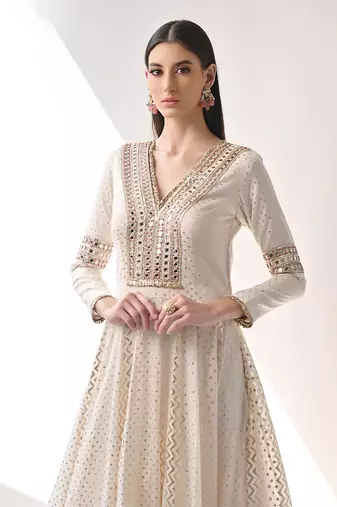Ivory Hand Embroidered Kalidar Anarkali Set