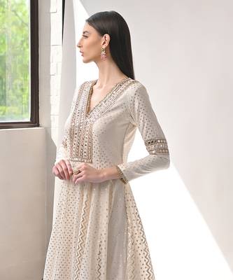 Ivory Hand Embroidered Kalidar Anarkali Set 3