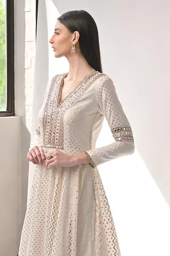 Ivory Hand Embroidered Kalidar Anarkali Set