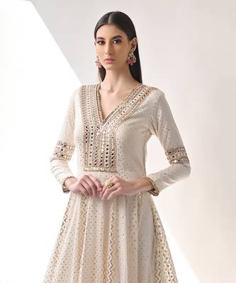 Ivory Hand Embroidered Kalidar Anarkali Set 4
