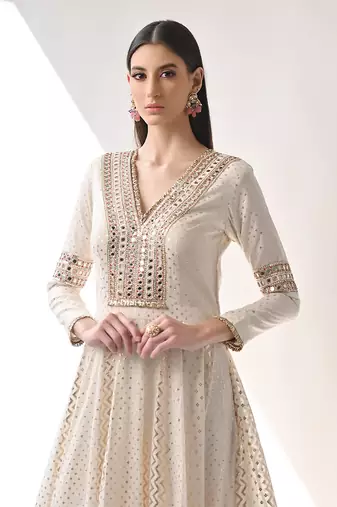 Ivory Hand Embroidered Kalidar Anarkali Set