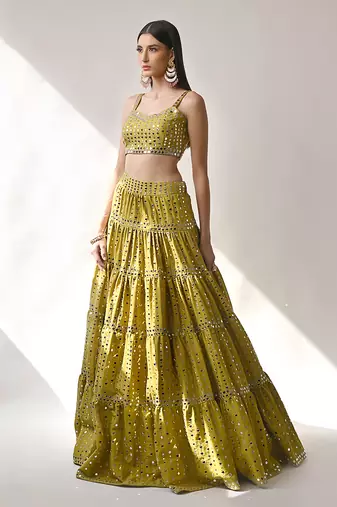 Olive Yellow Embroidered Lehenga Set