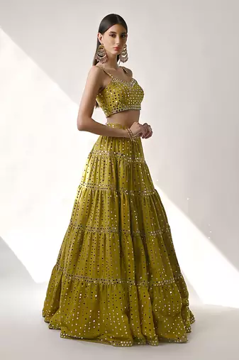 Olive Yellow Embroidered Lehenga Set