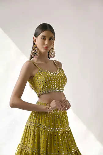 Olive Yellow Embroidered Lehenga Set