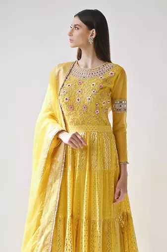 Yellow Hand Embroidered Anarkali Set