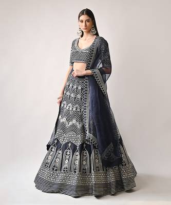 Navy Blue Silk Gota Sequin Lehenga Set 1