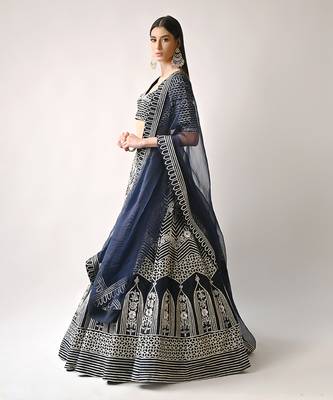 Navy Blue Silk Gota Sequin Lehenga Set 2