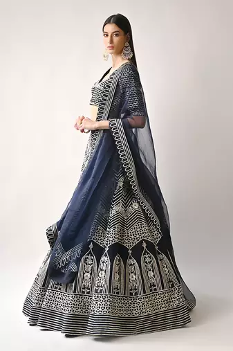 Navy Blue Silk Gota Sequin Lehenga Set