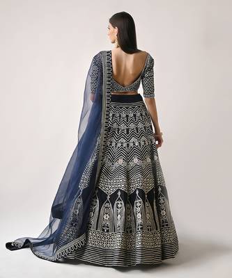 Navy Blue Silk Gota Sequin Lehenga Set 3