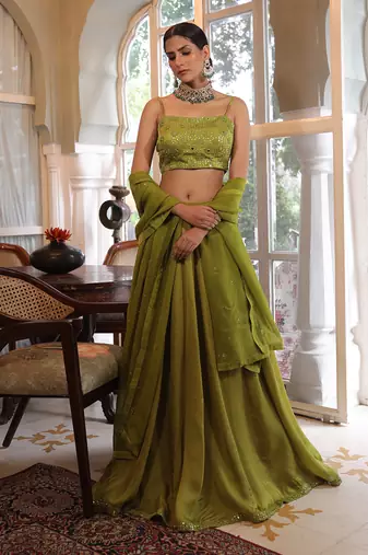 Olive Green Embroidered Lehenga Set